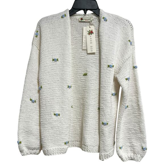 Fanm Mon Hand Knit Blue Rose Cardigan Cotton Sweater | Womens M L NEW - Picture 11 of 15